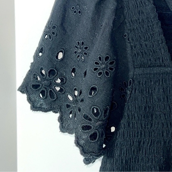 NWT Madewell Eyelet Lucie Square Neck Smocked Short Eyelet Sleeve Top Black S - Picture 8 of 13